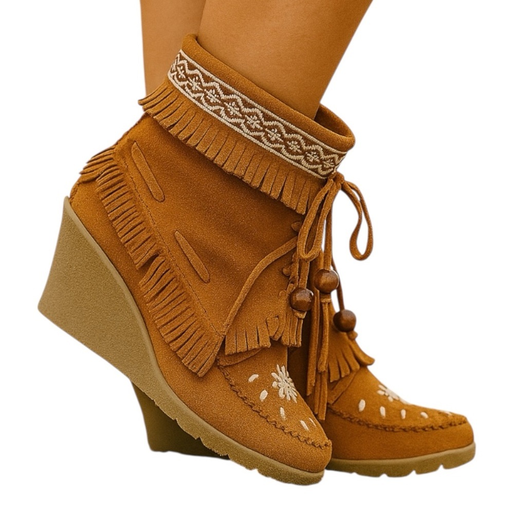 Fringed Suede Wedge Moccasin Booties - Tan Size 7